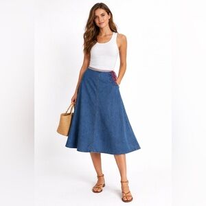 Vintage Willi Smith Denim A-Line Skirt Size 8 Lace-Up 90s Cotton Midi